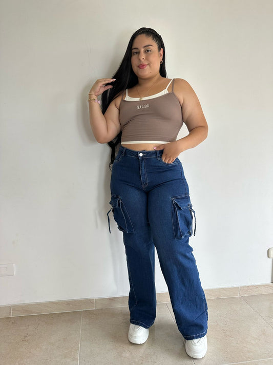 Jeans Cargo Bota Recta - Tela Strech