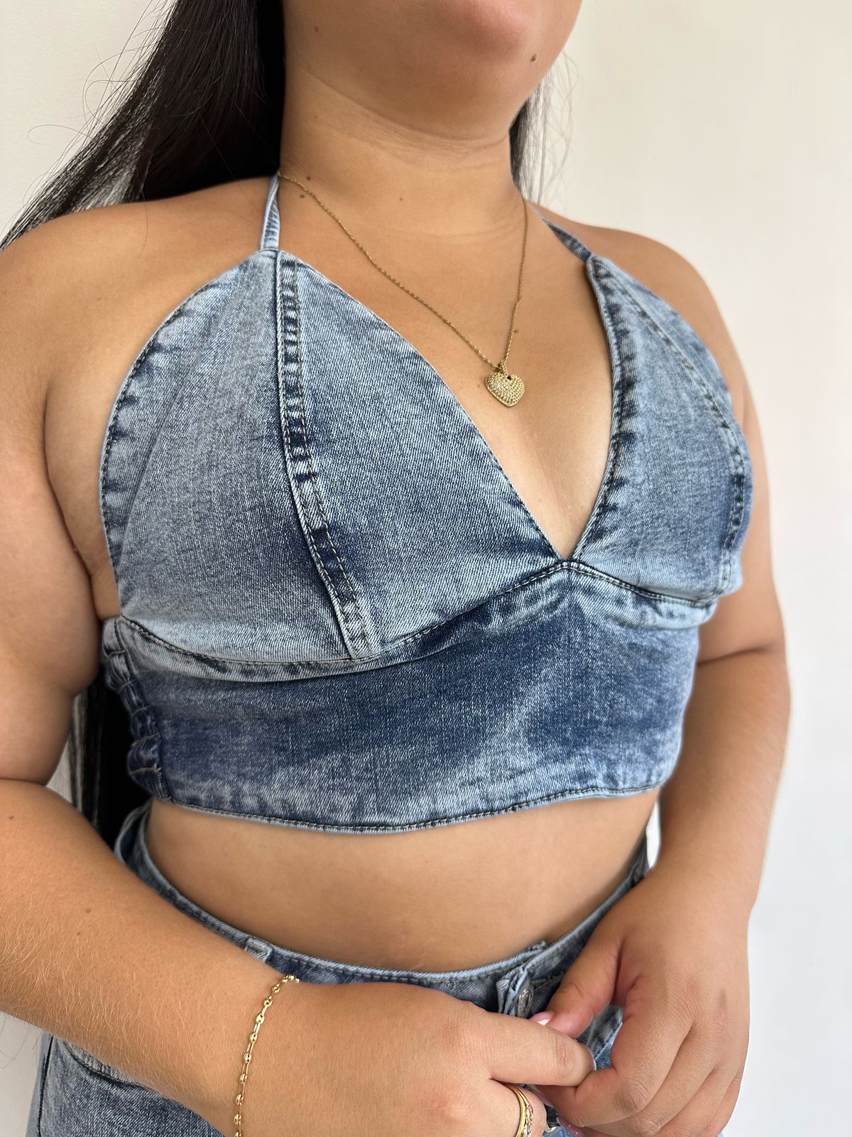 Conjunto Short Total Denim - Tela Strech