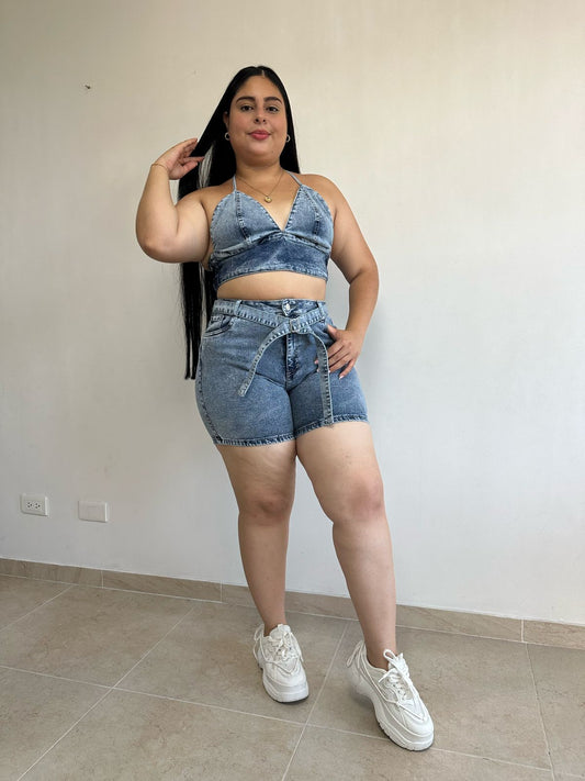 Conjunto Short Total Denim - Tela Strech